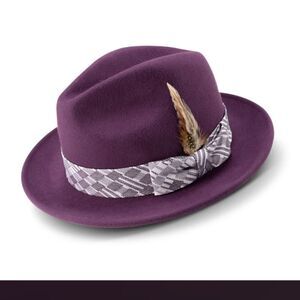 MEN'S MONTIQUE PLUM WOOL FELT HAT WITH ABSTRACT CHECKERED HAT BAND. H2357.